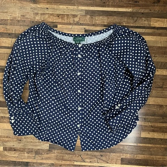 Lauren Ralph Lauren Off Shoulder Polka Dot Button Down Top Blue Sz M - Picture 14 of 15